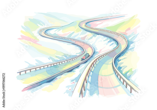A bobsled races down a winding icy track with a colorful, abstract winter landscape