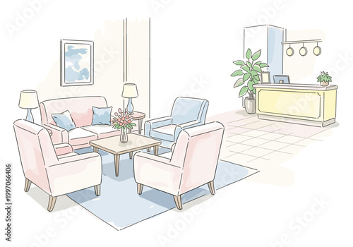Cozy waiting area with reception desk and comfortable seating arrangement