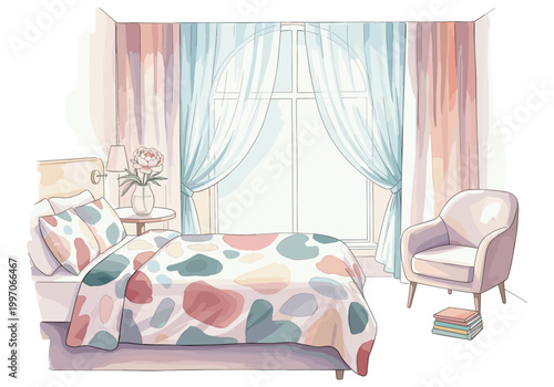 Cozy bedroom interior with a bed, armchair, and large arched window with sheer curtains