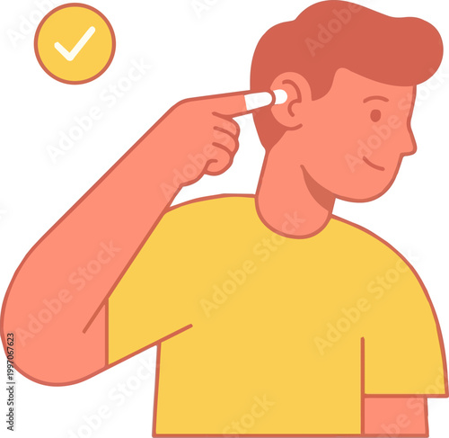 Young man wearing hearing protection earplugs for noise cancellation and health safety illustration