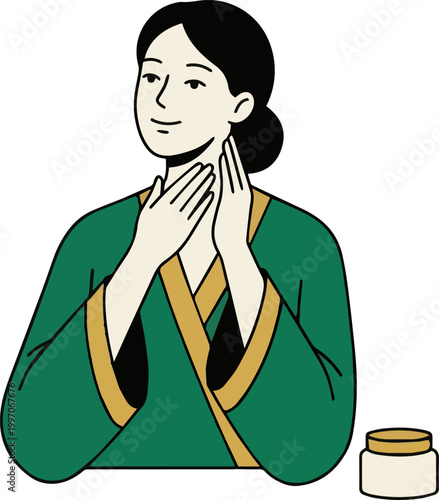 Young woman applying moisturizing cream to her neck for skincare routine illustration isolated on white