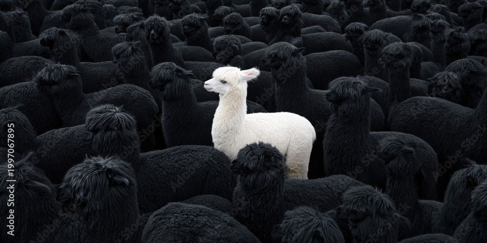 Fototapeta premium A single white alpaca stands out amongst a large herd of black alpacas