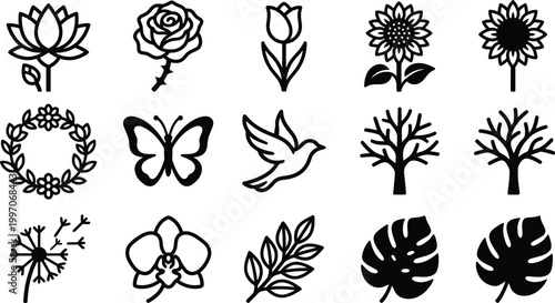 Nature and floral icon set, minimalist black line art flowers, leaves, butterfly and bird silhouettes, botanical vector elements collection.