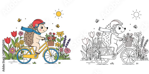 Cute Hedgehog on Bicycle with Flower Basket in a Blooming Garden - Spring Cartoon