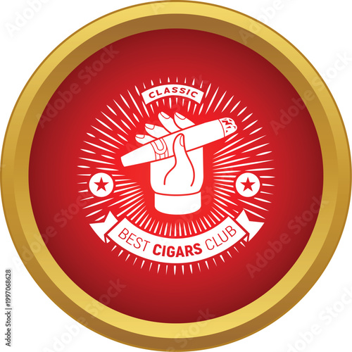 Hand holding a cigar in a classic best cigars club emblem design