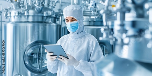 Pharmaceutical technician in sterile suit uses tablet in cleanroom with large tanks