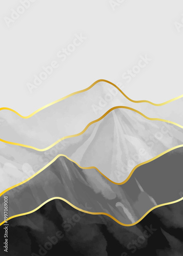Creative minimalist hand painted illustrations of Black and white style with golden line art. Natural abstract landscape background. mountain, forest and hills