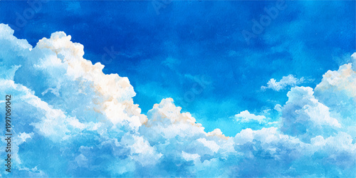 A beautiful bright blue summer sky filled with fluffy white cumulus clouds and sunlight creates a serene nature cloudscape in the atmosphere