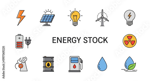 Illustration depicting various energy sources and their corresponding symbols in vector art format