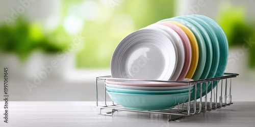 Colorful stack of clean plates and bowls drying in a rack with a soft green bokeh background