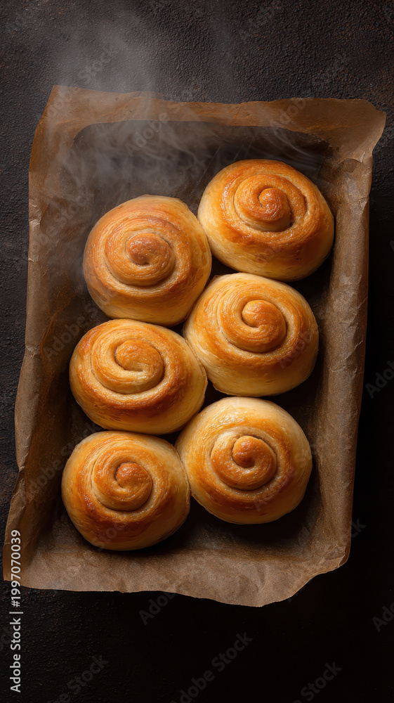 Fototapeta premium Fresh cinnamon rolls arranged neatly on brown parchment paper, golden brown and steaming, create warm and inviting bakery atmosphere, perfect for breakfast or dessert