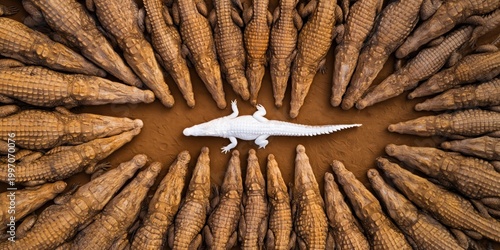 A school of brown crocodiles lie close together surrounding a unique white crocodile