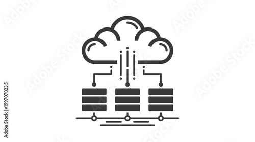Cloud network architecture with intricate connections to multiple server racks, illustrating data processing and robust infrastructure, isolated white background.
