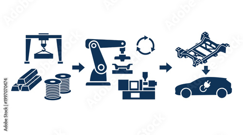Electric Vehicle Manufacturing Process Icons with Raw Materials, Pressing, Robotic Assembly, Chassis Components, and EV Production on Isolated White Background