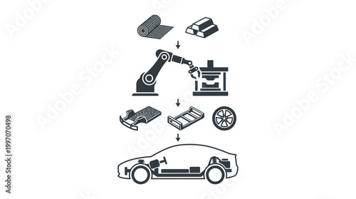 Comprehensive Car Manufacturing Process Diagram with Raw Materials, Robotic Pressing, Chassis Parts, Wheel Assembly, and Vehicle Production on Isolated White Background