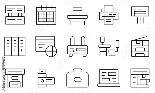 office icons set. Business icons. Outline icons of desk,  workspace, schedule, computer, meeting, employee, and co-worker symbol. Vector illustration.