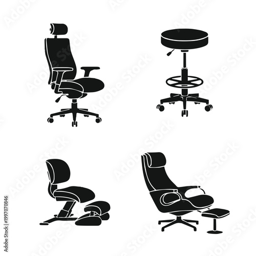 Four office chairs with different designs and features
