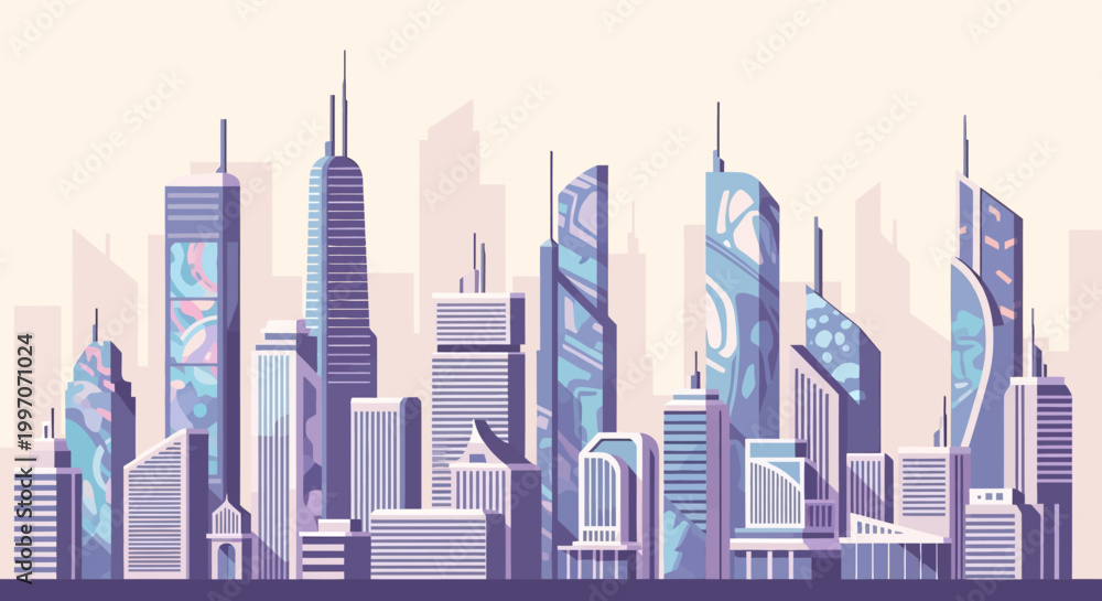 Obraz premium Modern Cityscape Illustration Featuring Sleek Skyscrapers and Contemporary Urban Design