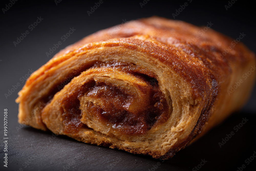 Obraz premium Caramelized cinnamon pastry sweet roll flaky texture golden brown crust close up macro shot dessert baked good breakfast treat indulgent snack delicious aroma inviting appearance