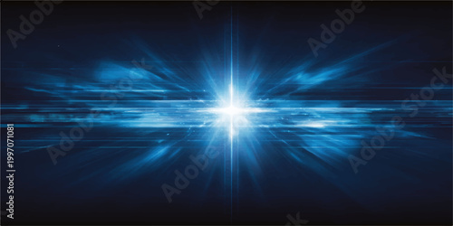A bright blue abstract background features a glowing sun burst with light rays and a star flare beam that creates an energetic motion pattern in space