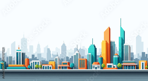 Stylized urban cityscape panorama featuring buildings and structures with a gradient backdrop