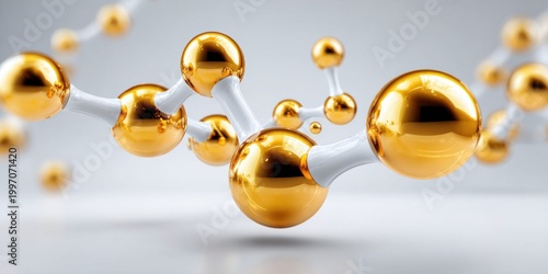 Plakat w ramie Abstract golden molecular structure with glossy spheres and white connecting bonds
