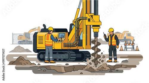 Construction Site Workers Operating Drilling Rig Equipment for Geotechnical Investigation and Soil Testing in Industrial Environment