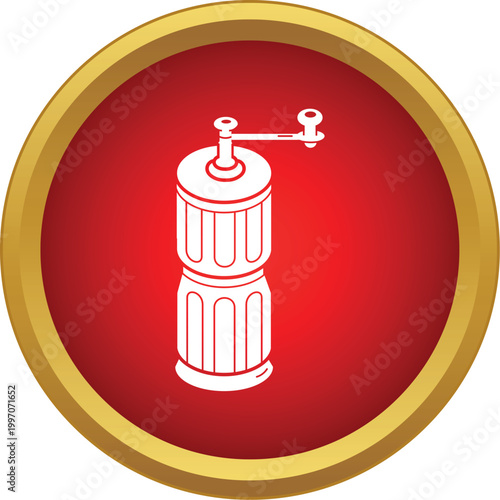 White manual coffee grinder icon on a round red background with a golden border