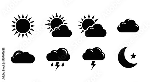 Simple weather icons showcasing various atmospheric conditions with black silhouette graphics