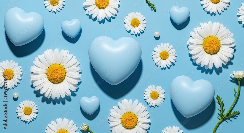 Obraz premium Blue hearts and white daisy flowers on blue background