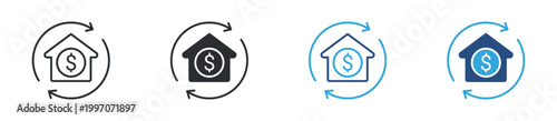 Home refinance icon set. Mortgage renewal and investment symbol. Real estate finance icons, vector illustration.