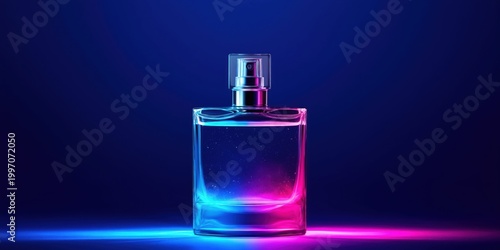 Elegant glass perfume bottle illuminated by vibrant blue and pink neon lights