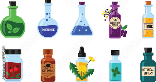 Herbal and Botanical Drink Vector Set Featuring Tonic, Extracts, Elixirs, and Herbal Remedy Bottles for Wellness and Natural Beverage Illustrations