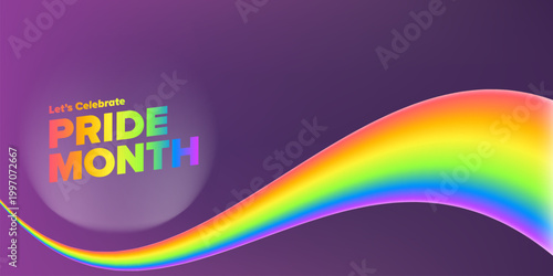 Let's Celebrate Pride Month modern banner on a deep purple background. A vibrant, flowing 3D rainbow wave banner. Ideal for June events, social media headers, and LGBTQ community support.