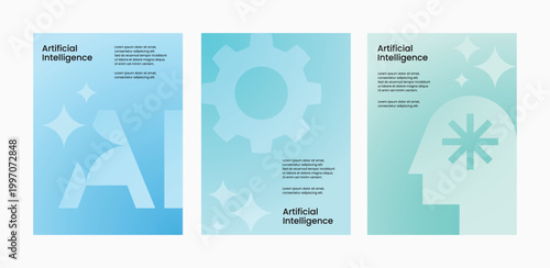 Abstract minimal AI technology business poster template vector set. Business light gradient poster design set. Colorful Technology Background.