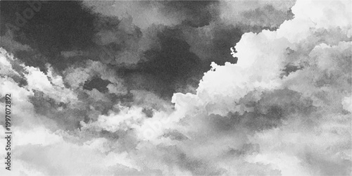 An abstract old paper texture background features a dramatic blue sky with fluffy white clouds and a dark storm atmosphere for a vintage nature feel