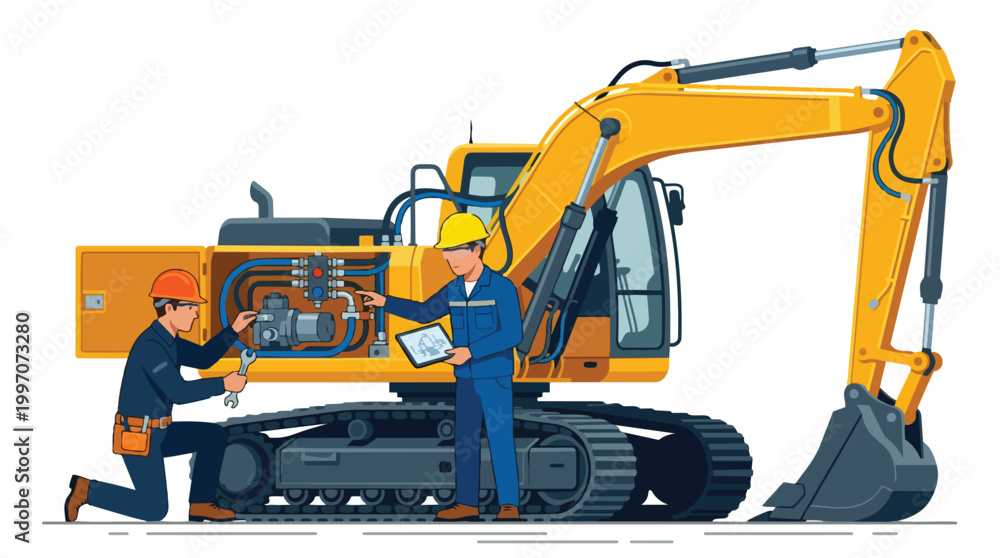 Obraz premium Construction Workers Repairing Heavy Machinery Excavator Vector Illustration Industrial Maintenance and Engineering