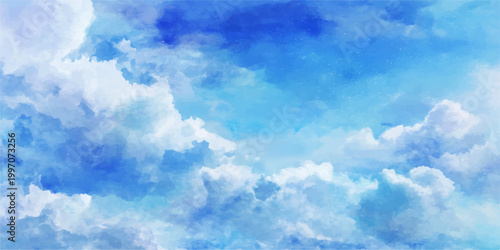 Beautiful fluffy white clouds drift across a bright blue summer sky in this clear sunny nature landscape