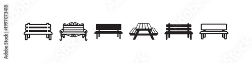Vector icons of various outdoor benches in a clean line style, featuring minimalist park seats, a decorative wrought-iron bench, and a classic wooden picnic table.