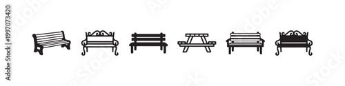 Vector icons of various outdoor benches in a clean line style, featuring minimalist park seats, a decorative wrought-iron bench, and a classic wooden picnic table.