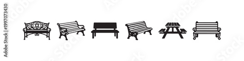 Vector icons of various outdoor benches in a clean line style, featuring minimalist park seats, a decorative wrought-iron bench, and a classic wooden picnic table.
