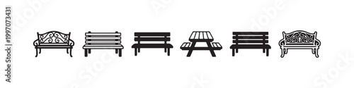 Vector icons of various outdoor benches in a clean line style, featuring minimalist park seats, a decorative wrought-iron bench, and a classic wooden picnic table.