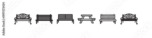 Vector icons of various outdoor benches in a clean line style, featuring minimalist park seats, a decorative wrought-iron bench, and a classic wooden picnic table.