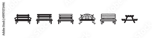 Vector icons of various outdoor benches in a clean line style, featuring minimalist park seats, a decorative wrought-iron bench, and a classic wooden picnic table.