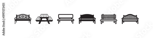 Vector icons of various outdoor benches in a clean line style, featuring minimalist park seats, a decorative wrought-iron bench, and a classic wooden picnic table.