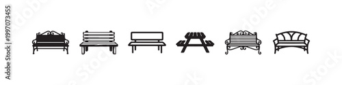Vector icons of various outdoor benches in a clean line style, featuring minimalist park seats, a decorative wrought-iron bench, and a classic wooden picnic table.