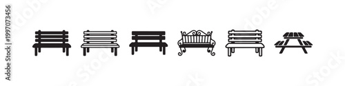 Vector icons of various outdoor benches in a clean line style, featuring minimalist park seats, a decorative wrought-iron bench, and a classic wooden picnic table.