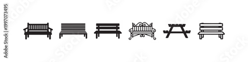 Vector icons of various outdoor benches in a clean line style, featuring minimalist park seats, a decorative wrought-iron bench, and a classic wooden picnic table.