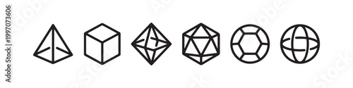 Vector icons of various 3D geometric shapes in a minimalist thin line style, including a sphere, cube, icosahedron, tetrahedron, octahedron, and a diamond.