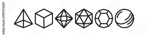Vector icons of various 3D geometric shapes in a minimalist thin line style, including a sphere, cube, icosahedron, tetrahedron, octahedron, and a diamond.